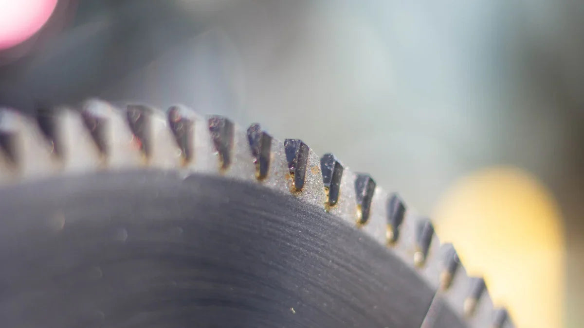 Primer plano de los dientes de metal duro de un disco de sierra