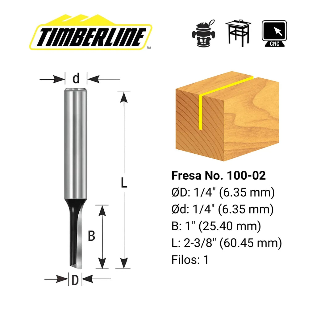 Fresa Recta 1 Filo 1/4" con Vástago 1/4" Timberline 100-02