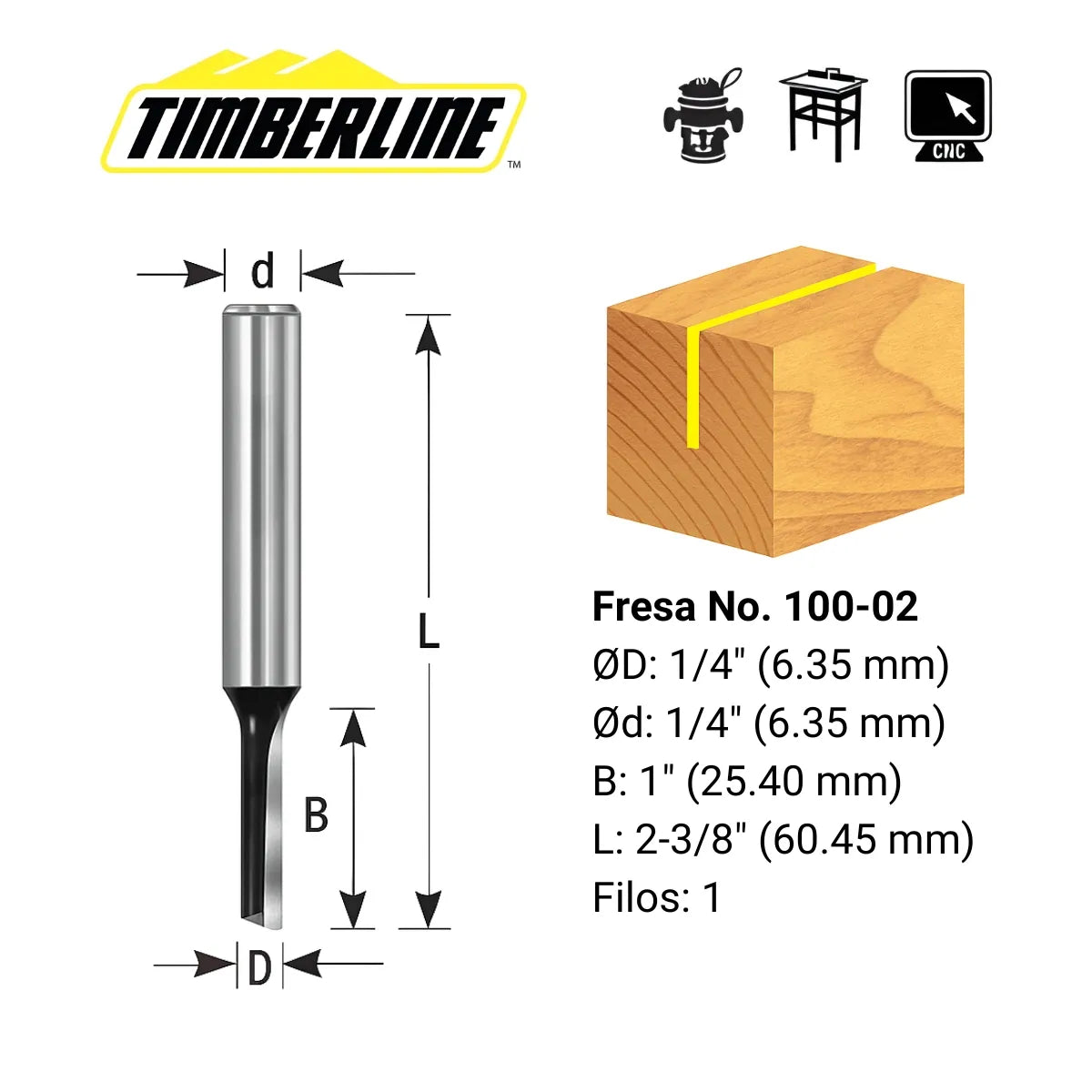 Fresa Recta 1 Filo 1/4" con Vástago 1/4" Timberline 100-02
