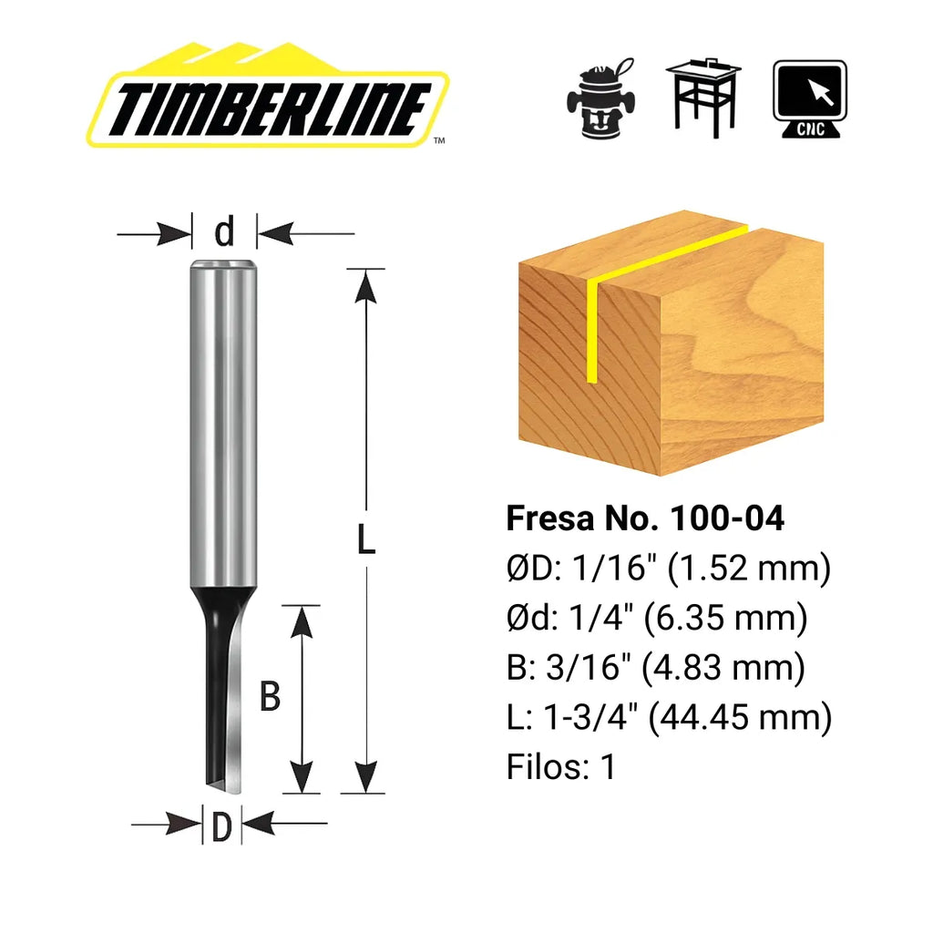 Fresa Recta 1 Filo 1/16" con Vástago 1/4" Timberline 100-04