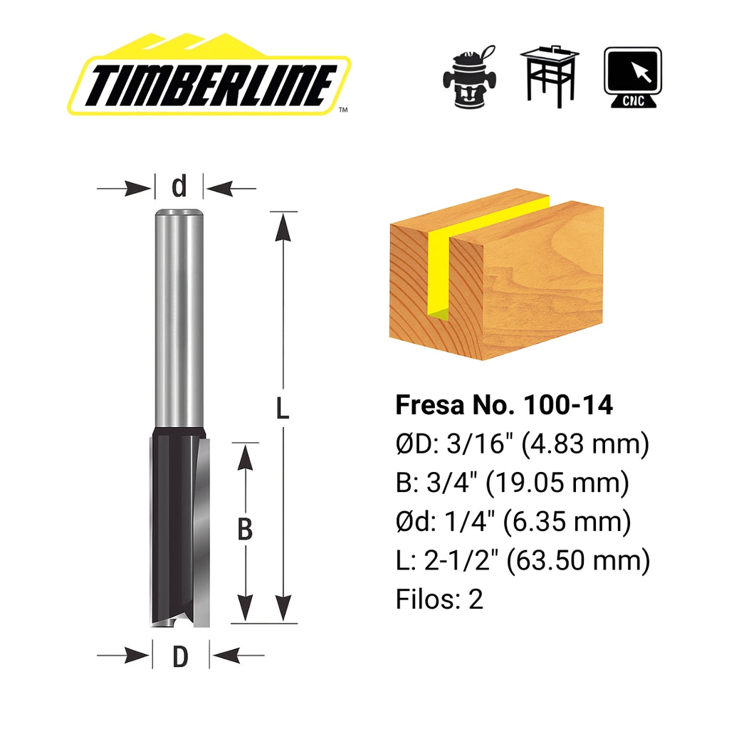 Fresa Recta 2 Filos 3/16" con Vástago 1/4" Timberline 100-14