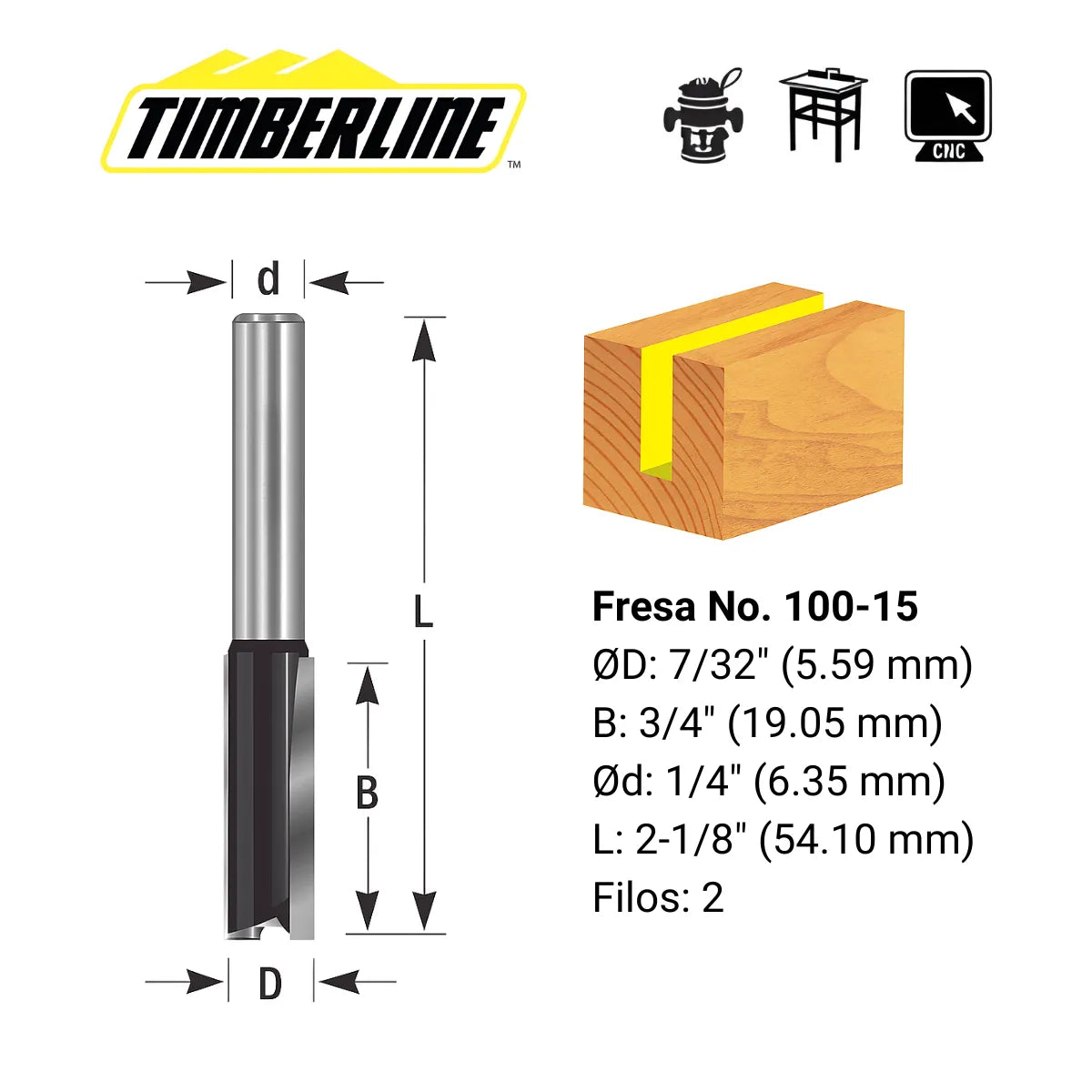 Fresa Recta 2 Filos 7/32" con Vástago 1/4" Timberline 100-15