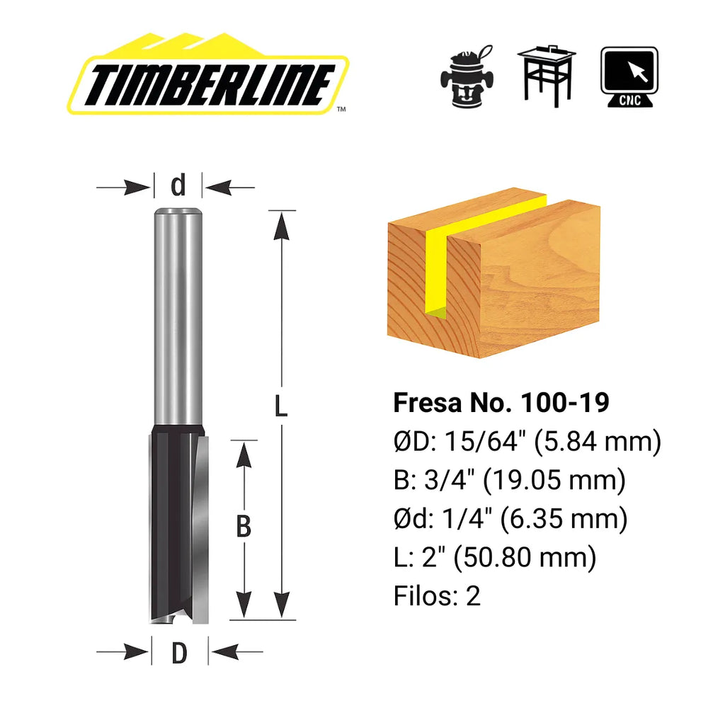 Fresa Recta 2 Filos 15/64" con Vástago 1/4" Timberline 100-19