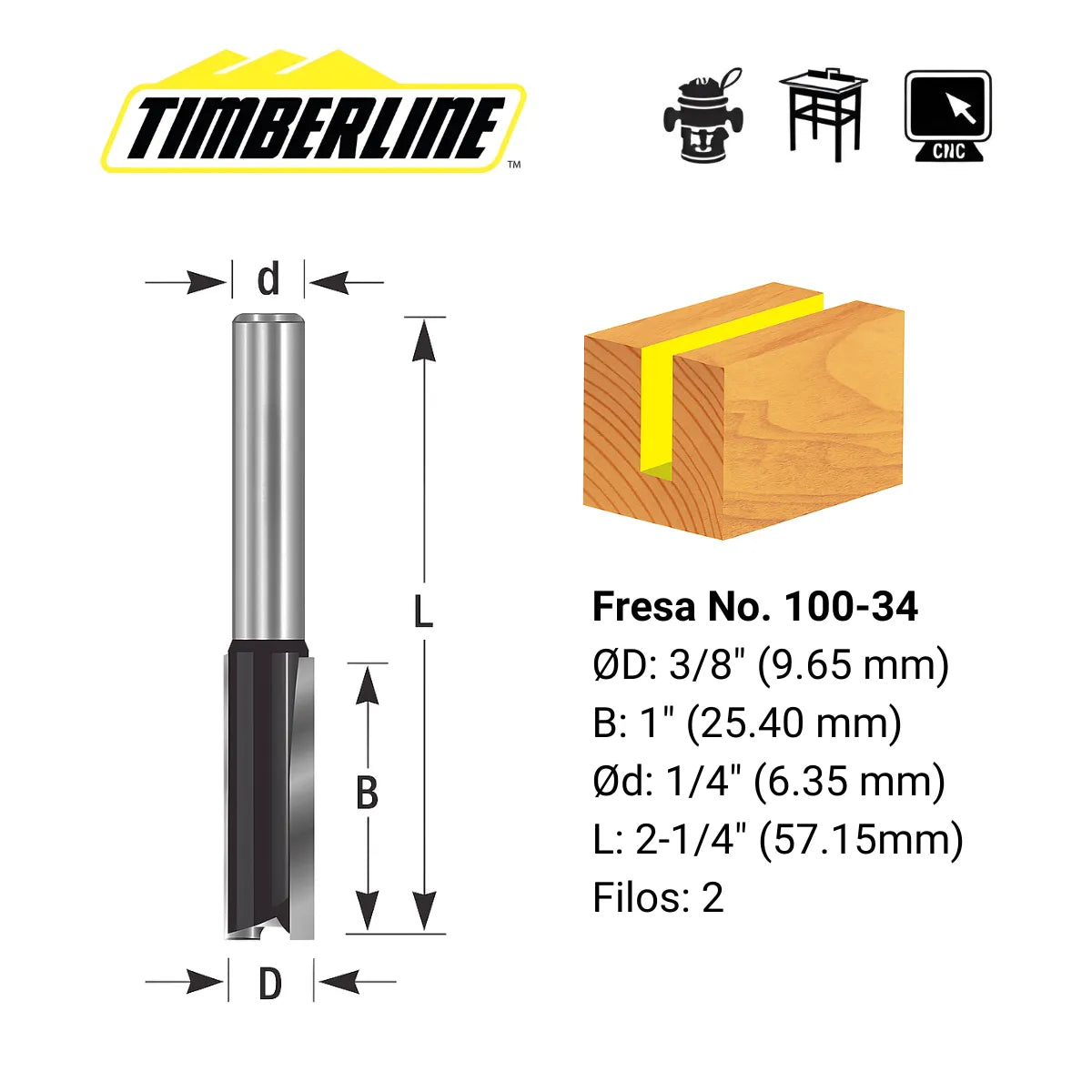 Fresa Recta 2 Filos 3/8" con Vástago 1/4" Timberline 100-34