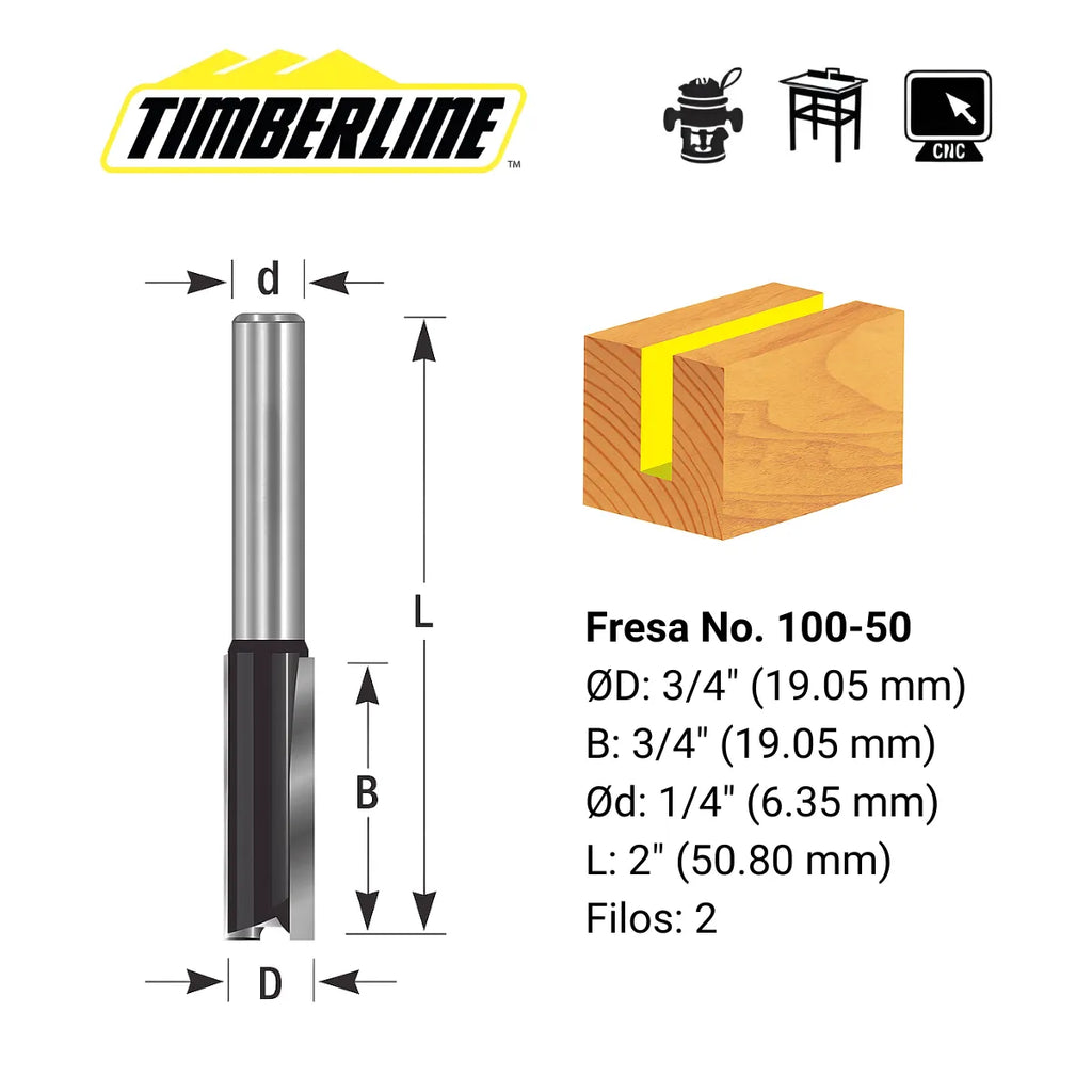 Fresa Recta 2 Filos 3/4" con Vástago 1/4" Timberline 100-50