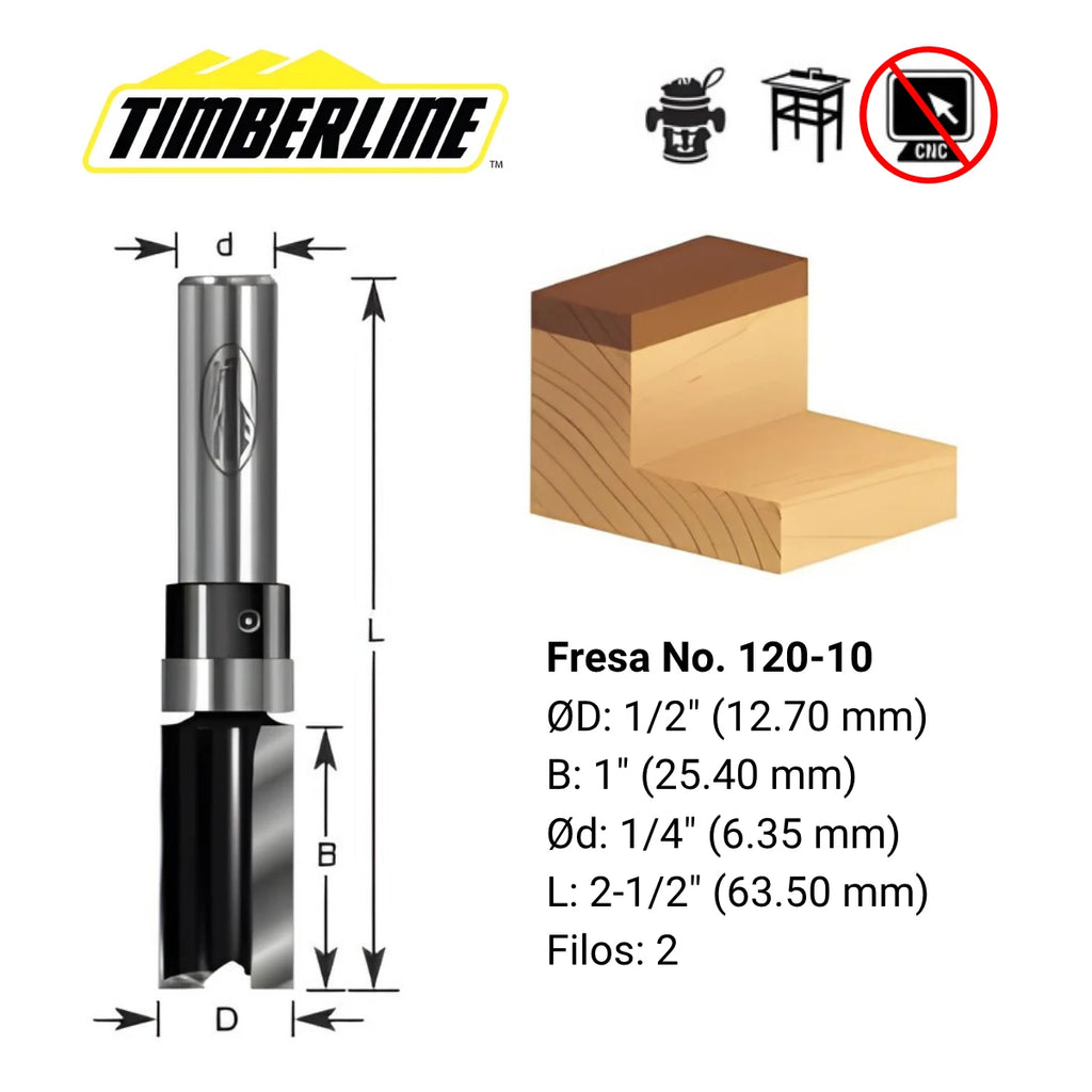 Fresa Copiadora Recta con Rodamiento Superior 2 Filos 1/2" (12,7 mm) x 25 mm Vástago 1/4" Timberline 120-10 (foto 3)