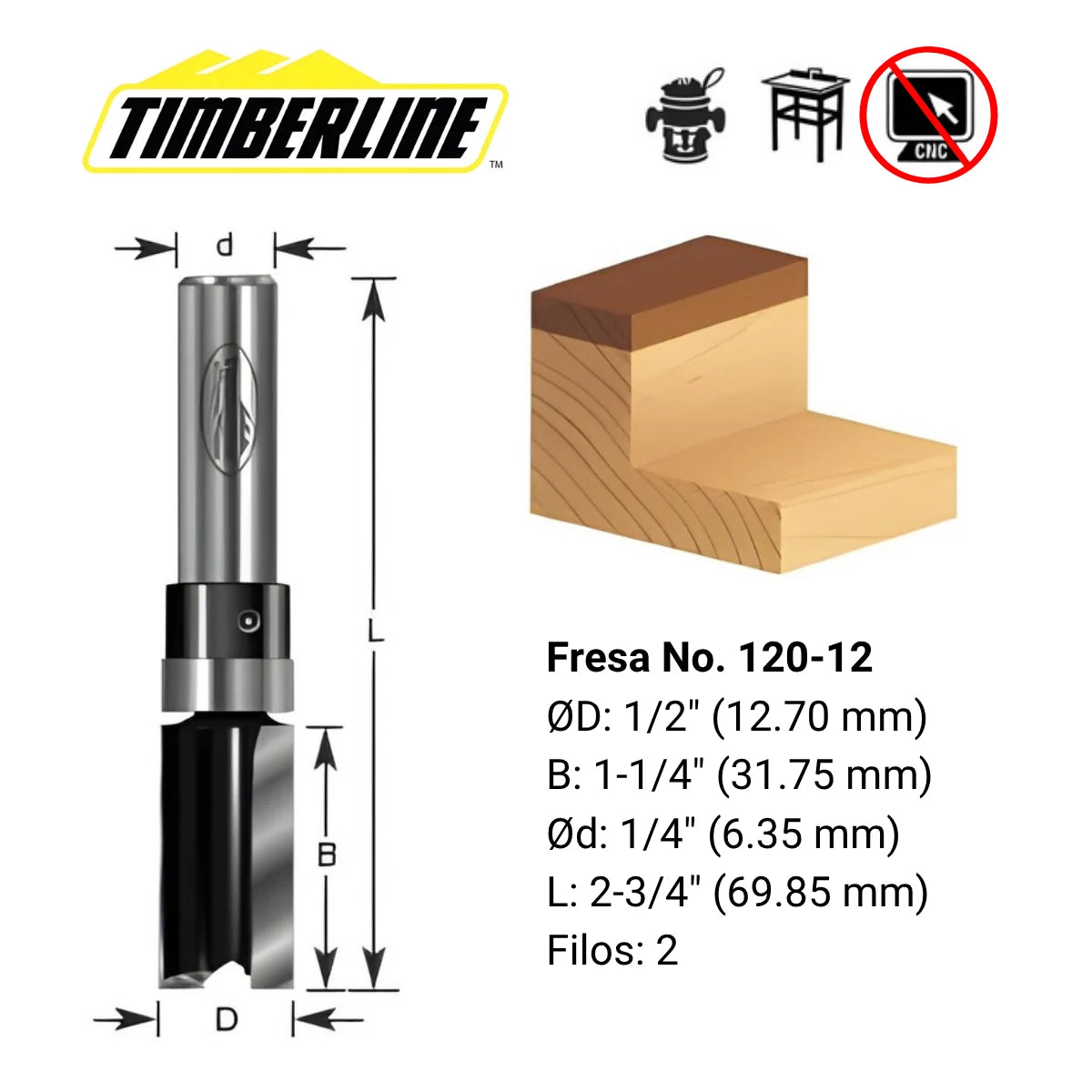 Fresa Copiadora Recta con Rodamiento Superior 2 Filos 1/2" (12,7 mm) x 32 mm Vástago 1/4" Timberline 120-12 (foto 3)