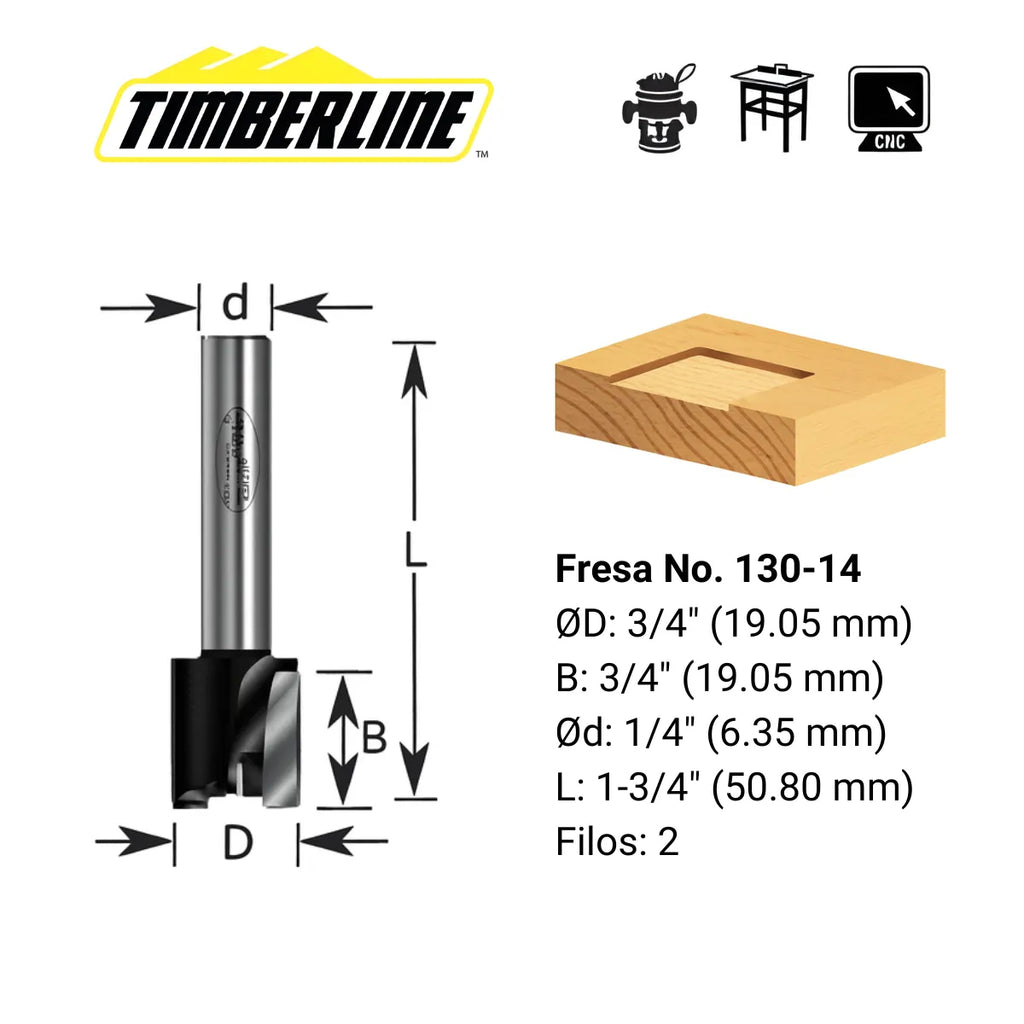 Fresa Mortaja 2 Filos 3/4" con Vástago 1/4" Timberline 130-14