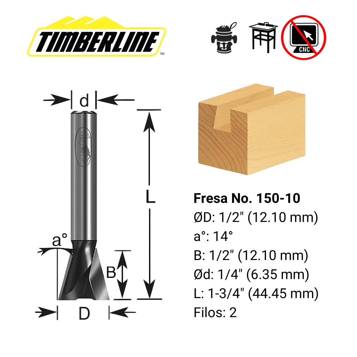 Fresa Cola Milano 2 Filos 14° con Vástago 1/4" Timberline 150-10