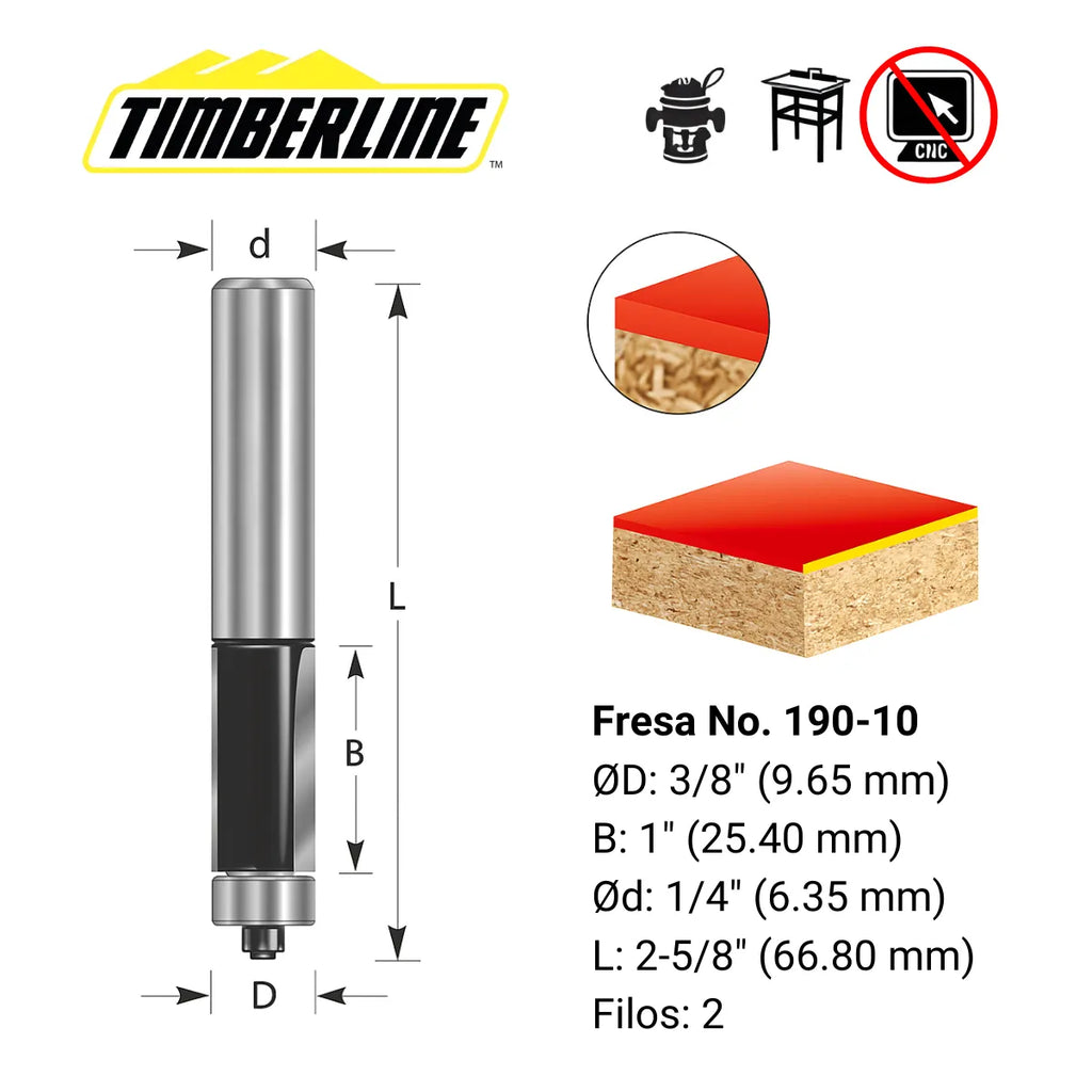 Fresa Recta Copiadora 2 Filos 3/8" con Vástago 1/4" Timberline 190-10