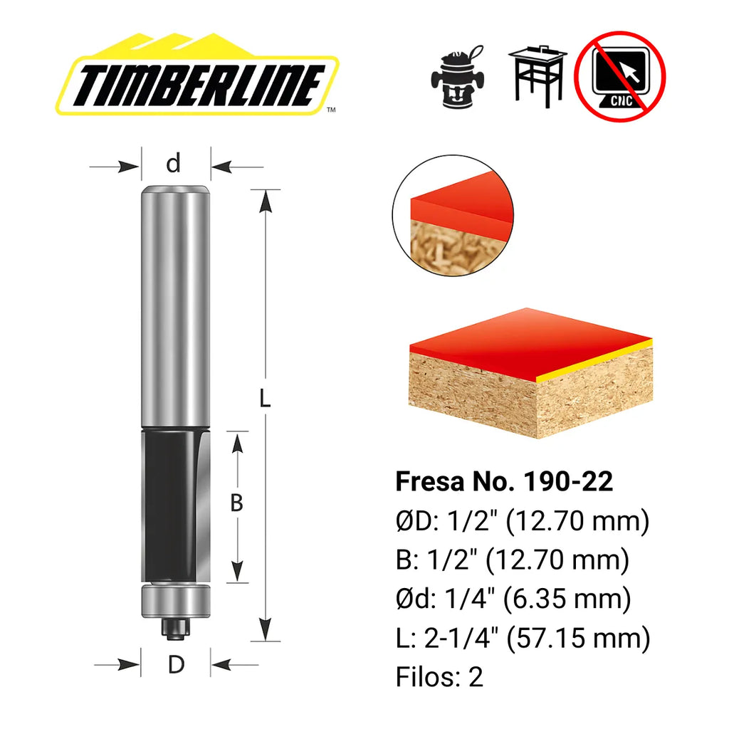 Fresa Recta Copiadora 2 Filos 1/2" con Vástago 1/4" Timberline 190-22