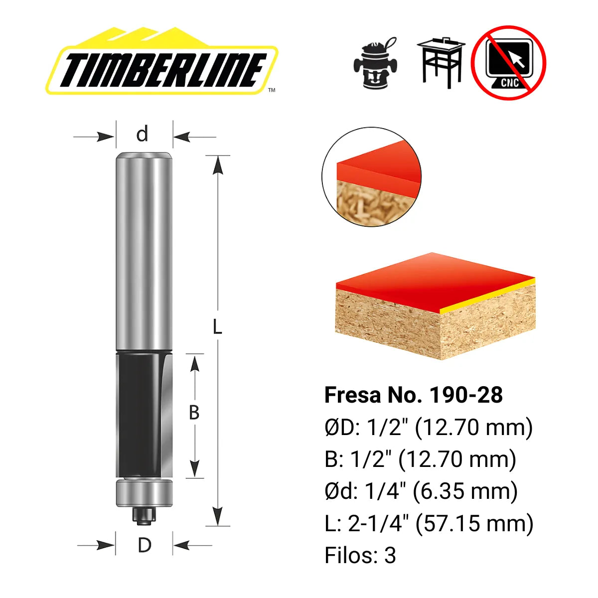 Fresa Recta Copiadora 3 Filos 1/2" con Vástago 1/4" Timberline 190-28