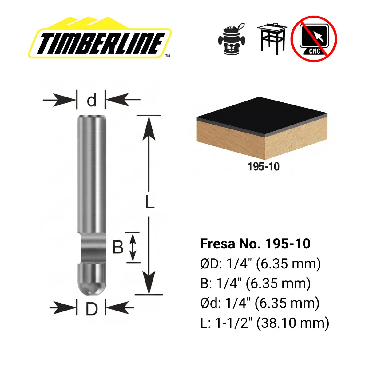 Fresa Recta Copiadora 1/4" de Carburo Sólido Vástago 1/4" Timberline 195-10