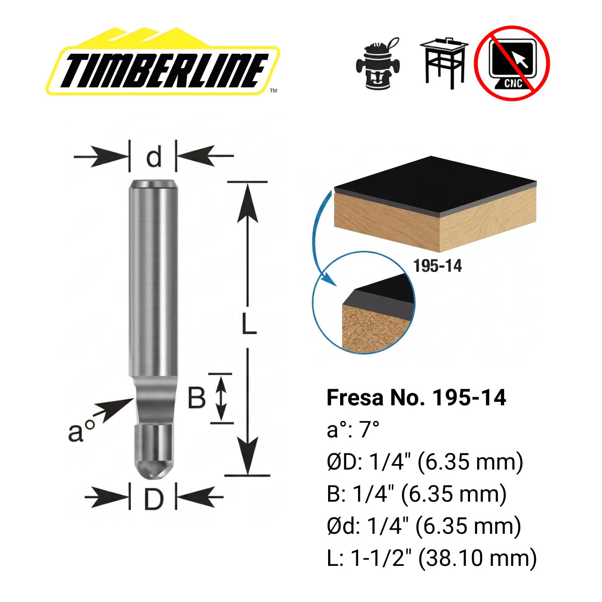 Fresa de Biselado 7° de Carburo Sólido Vástago 1/4" Timberline 195-14