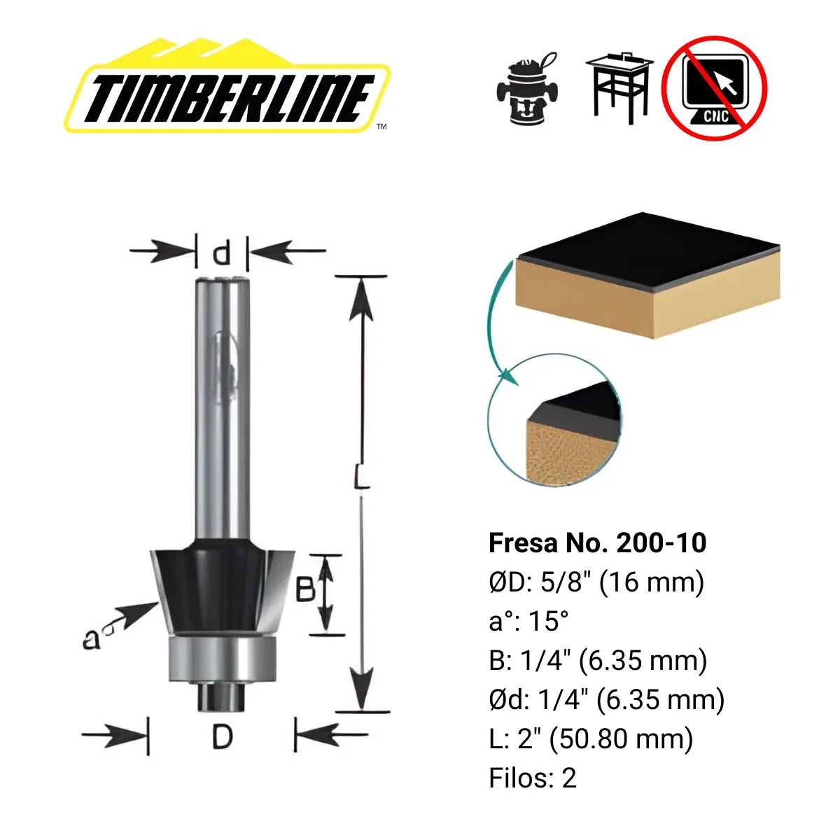 Fresa de Biselado 2 Filos 15° con Vástago 1/4" Timberline 200-10