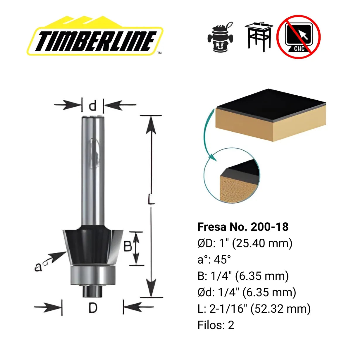 Fresa de Biselado 2 Filos 45° con Vástago 1/4" Timberline 200-18