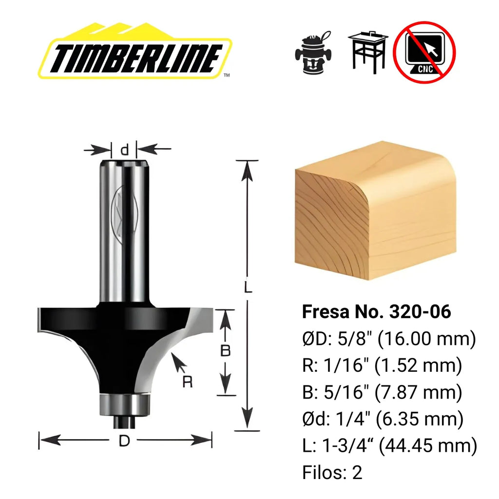 Fresa de Redondeado 2 Filos Radio 1/16" con Vástago 1/4" Timberline 320-06
