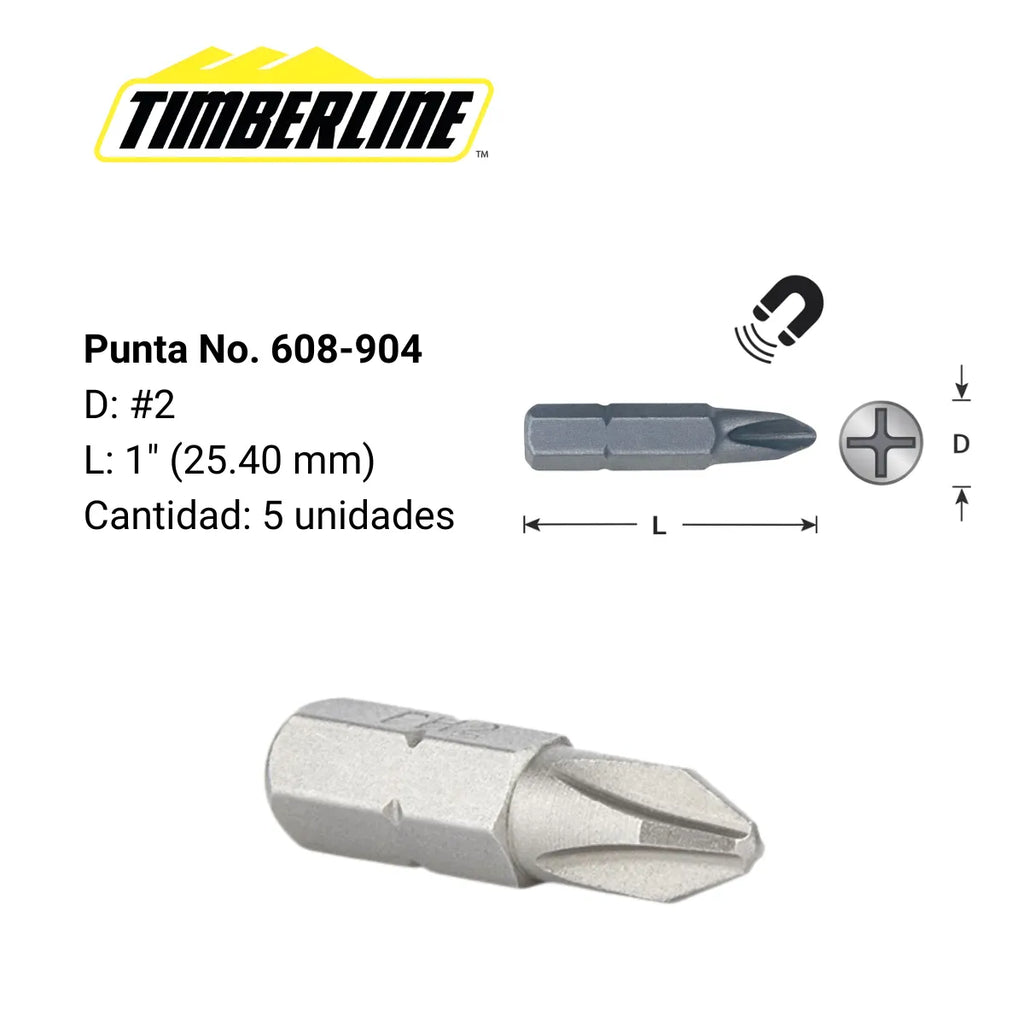 Juego 5 Puntas Magnéticas Hexagonales 1/4" PH2 x 25mm Timberline 608-904