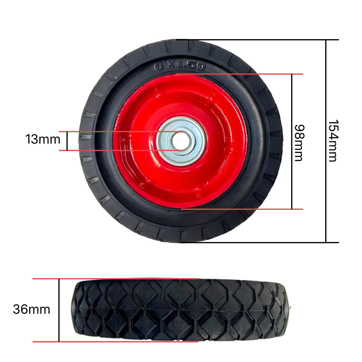 Rueda de Goma Maciza 6 pulgadas 6x1.50 Para Eje 13 mm para Yegua