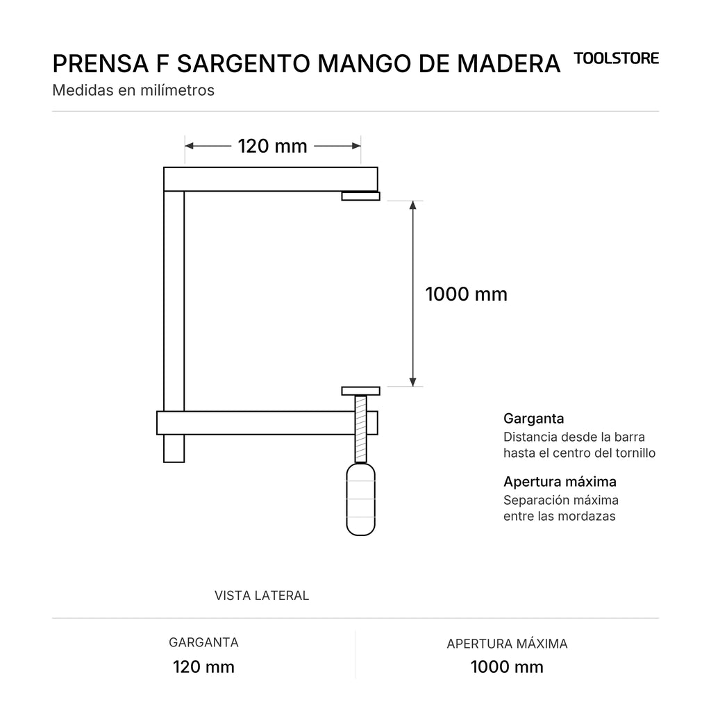 Diagrama de medidas: Prensa F 120 x 1000 mm, garganta y apertura máxima