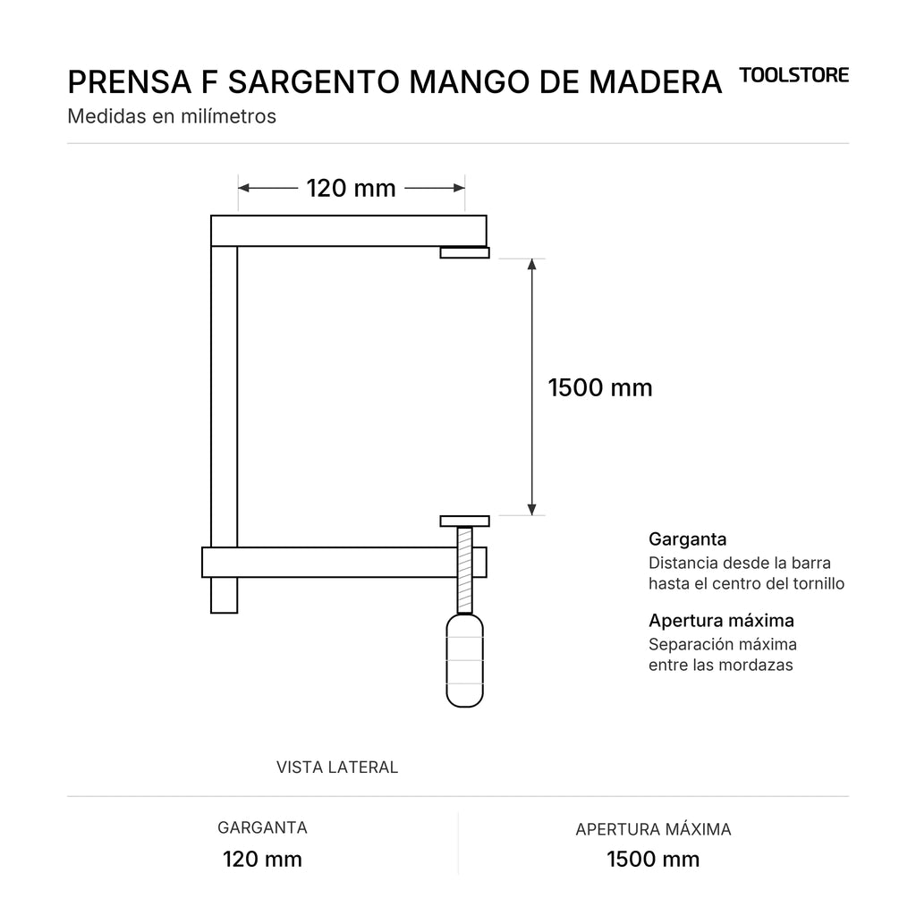 Diagrama de medidas: Prensa F 120 x 1500 mm, garganta y apertura máxima