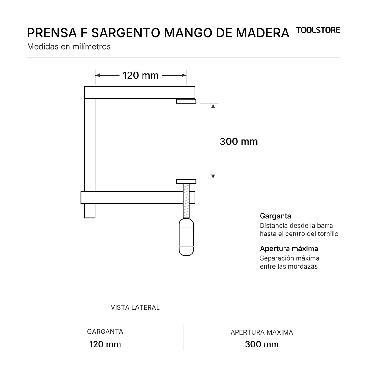 Diagrama de medidas: Prensa F 120 x 300 mm, garganta y apertura máxima