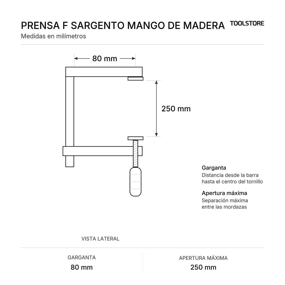 Diagrama de medidas: Prensa F 80 x 250 mm, garganta y apertura máxima