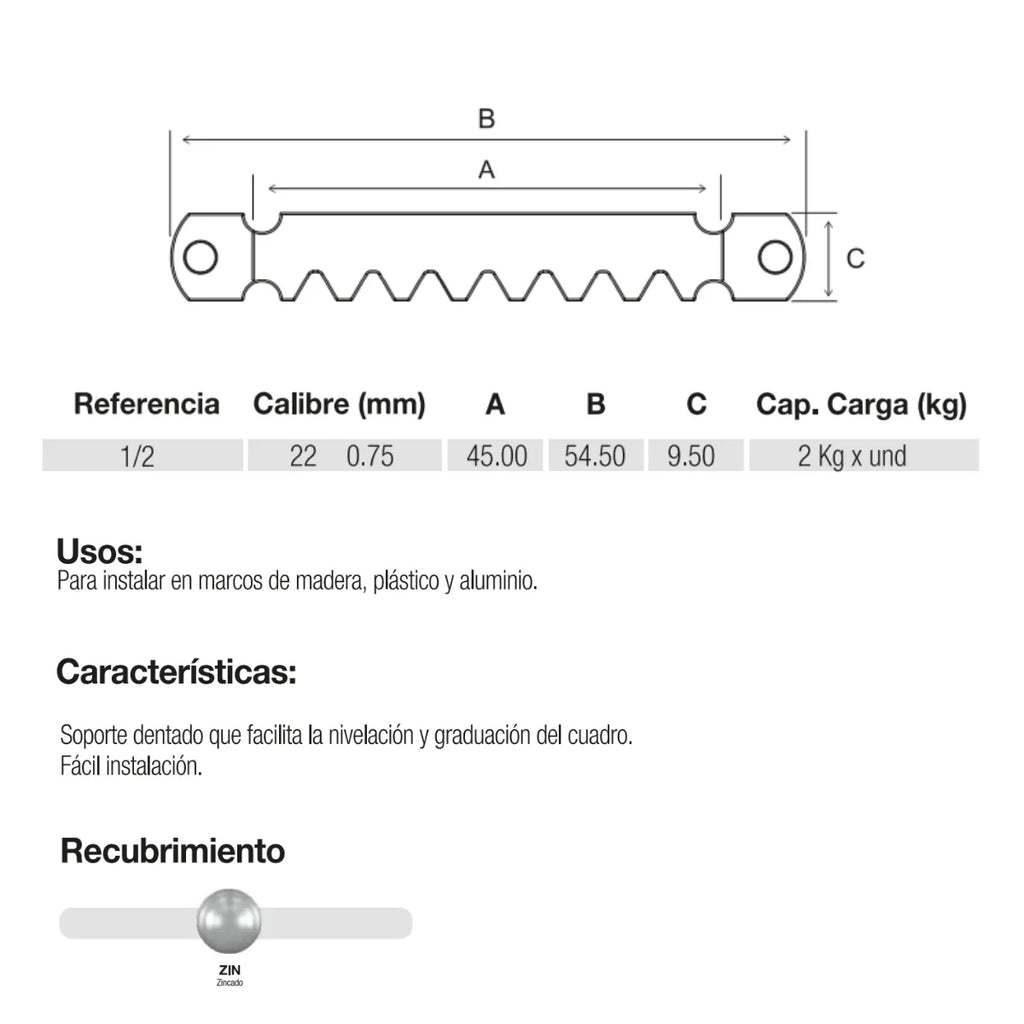 Soporte Dentado para Cuadros 1/2" Acero Zincado Induma IND70855 100 Unidades