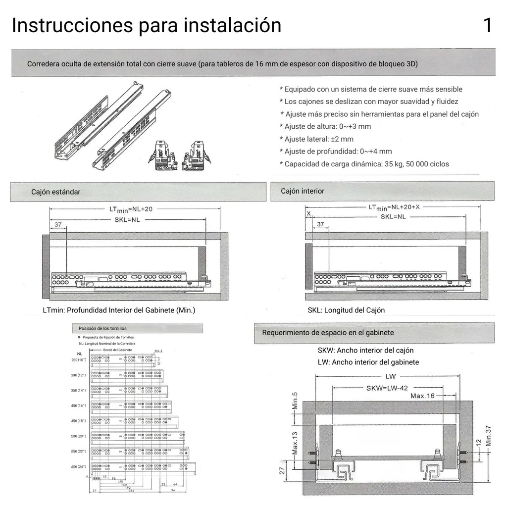 Correderas Ocultas Extención Total 3D Cierre Suave Par