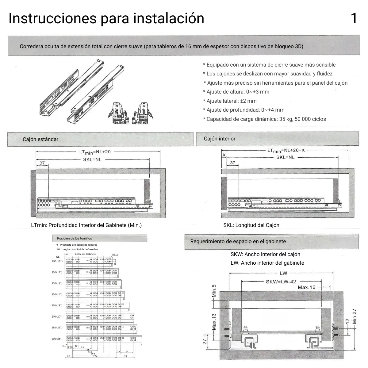 Correderas Ocultas Extención Total 3D Cierre Suave Par