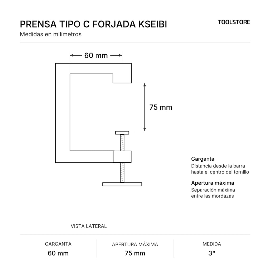 Diagrama de medidas: Prensa tipo C forjada 3", garganta y apertura máxima