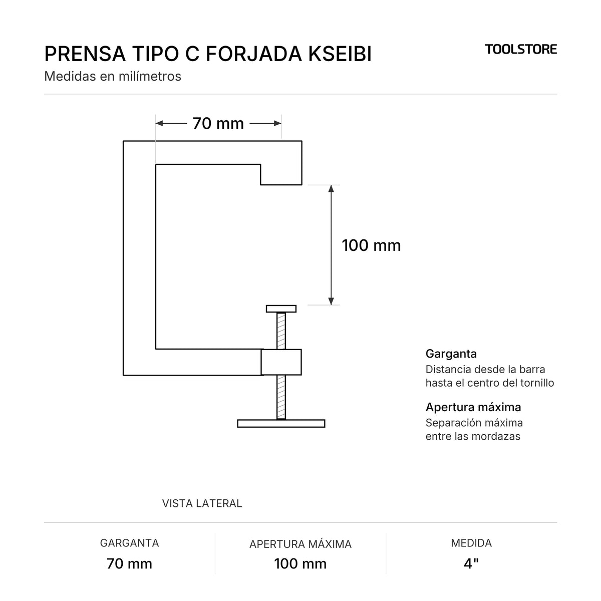 Diagrama de medidas: Prensa tipo C forjada 4", garganta y apertura máxima
