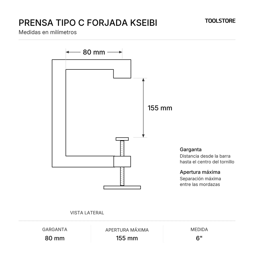 Diagrama de medidas: Prensa tipo C forjada 6", garganta y apertura máxima