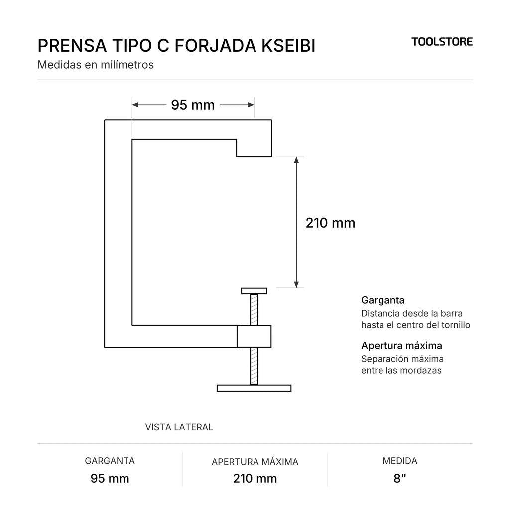 Diagrama de medidas: Prensa tipo C forjada 8", garganta y apertura máxima