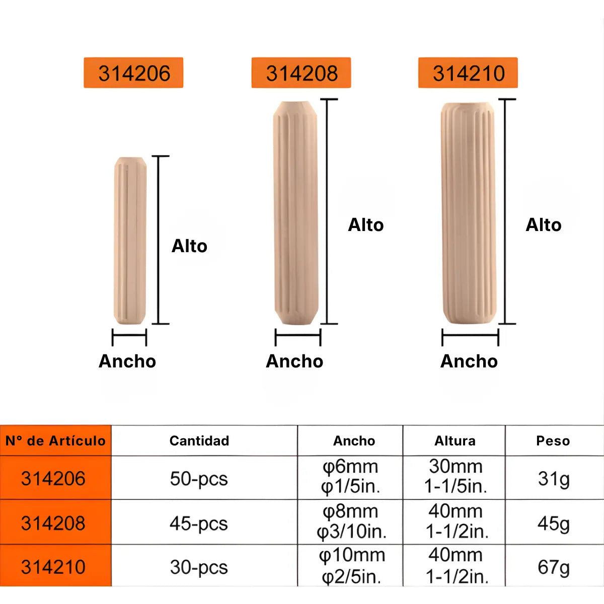 Tarugos de Madera Maciza Estriados para Ensambles Kaseibi