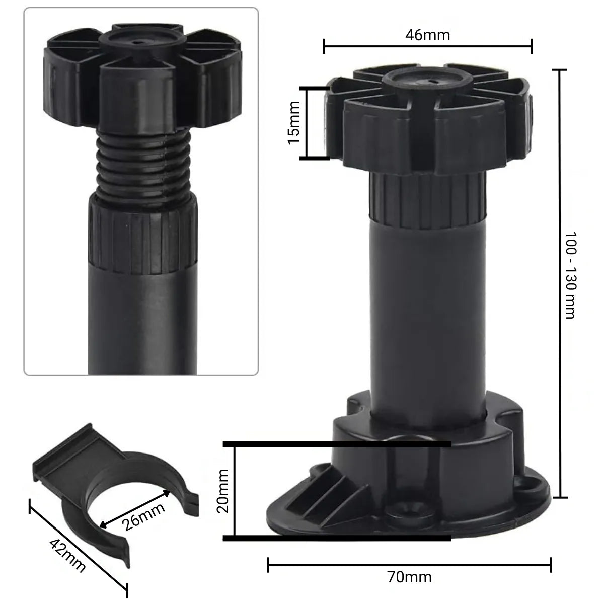 Pata Regulable para Zócalo de Cocina Negra 100mm / 130mm 4 unidades