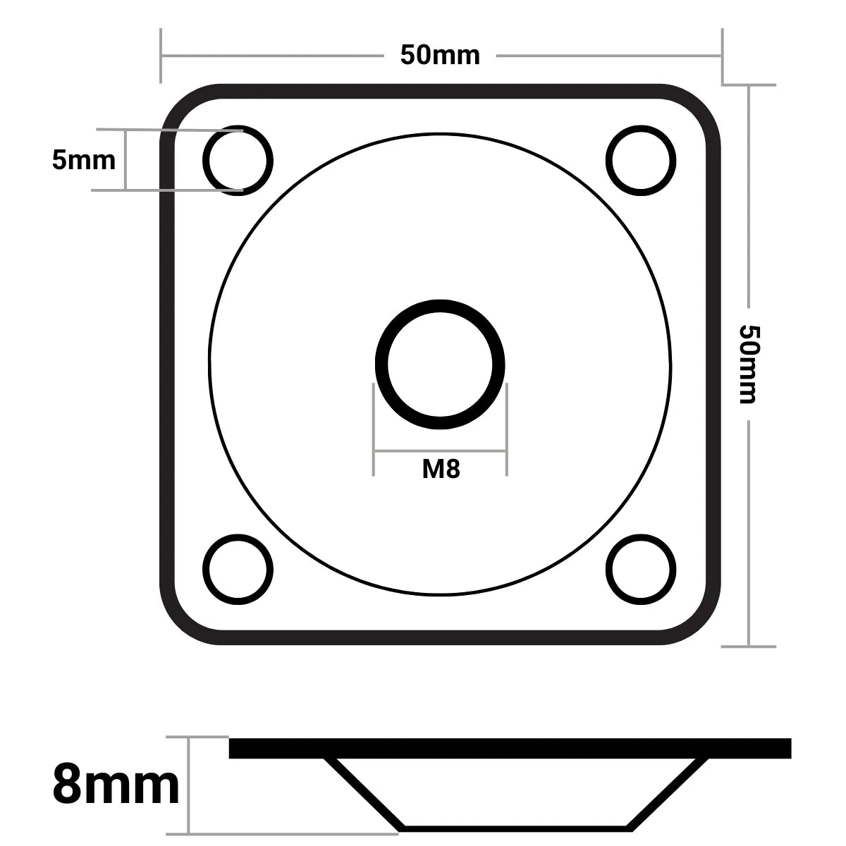 Placa Cuadrada de Montaje Recta para Pata de Mueble Rosca M8