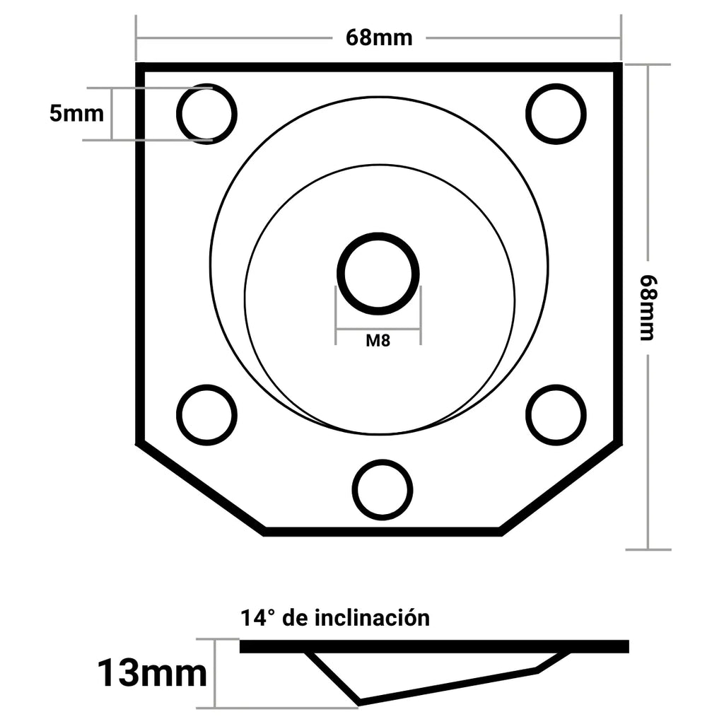 Placa de Montaje Inclinada 14° para Pata de Mueble 5 Hoyos Rosca M8
