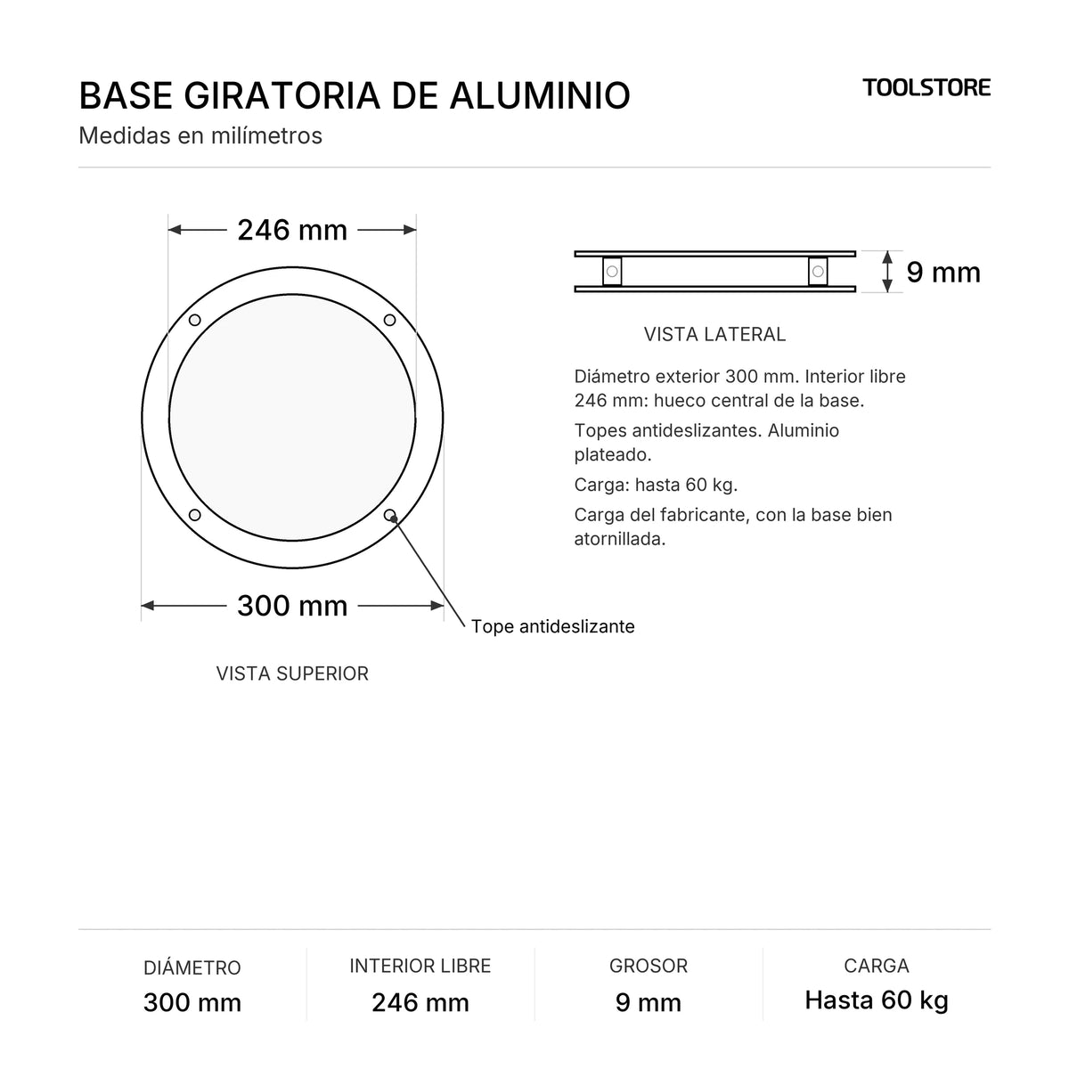 Diagrama de medidas: Base Giratoria Redonda de Aluminio con Topes 12" (300 mm)