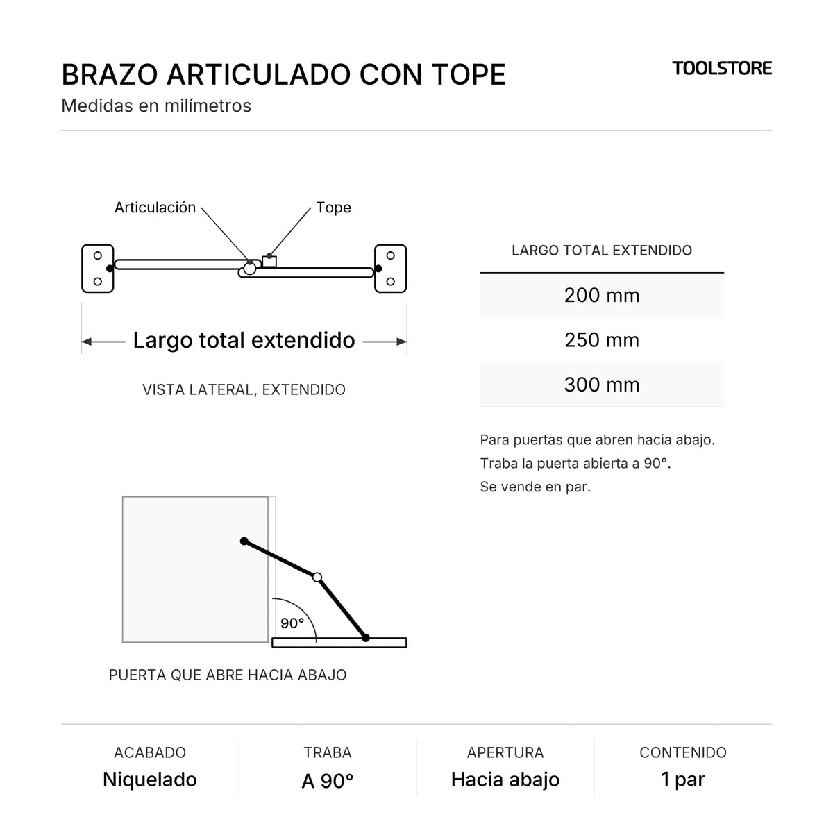 Diagrama de medidas: Brazo Articulado con Tope para Puertas Abatibles Par