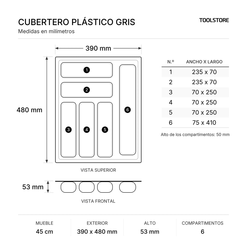 Cubertero Plástico Gris para Cajón 45 cm - medidas