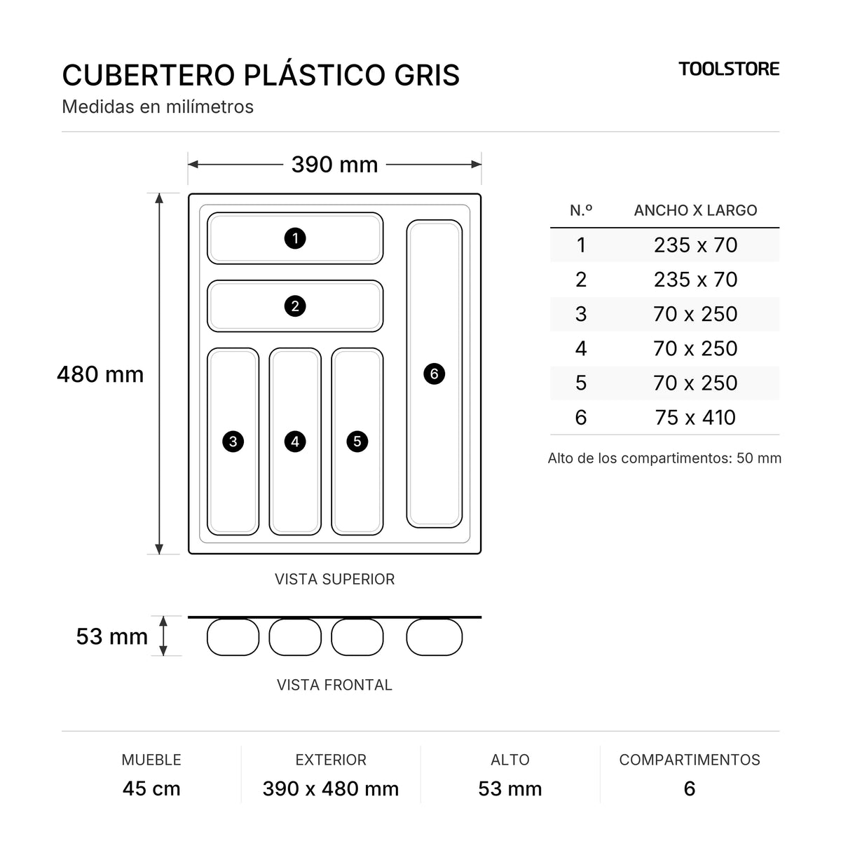 Cubertero Plástico Gris para Cajón 45 cm - medidas