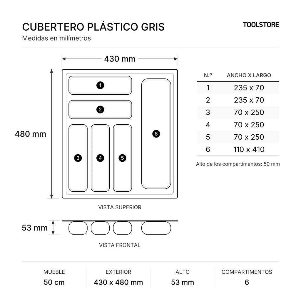 Cubertero Plástico Gris para Cajón 50 cm - medidas
