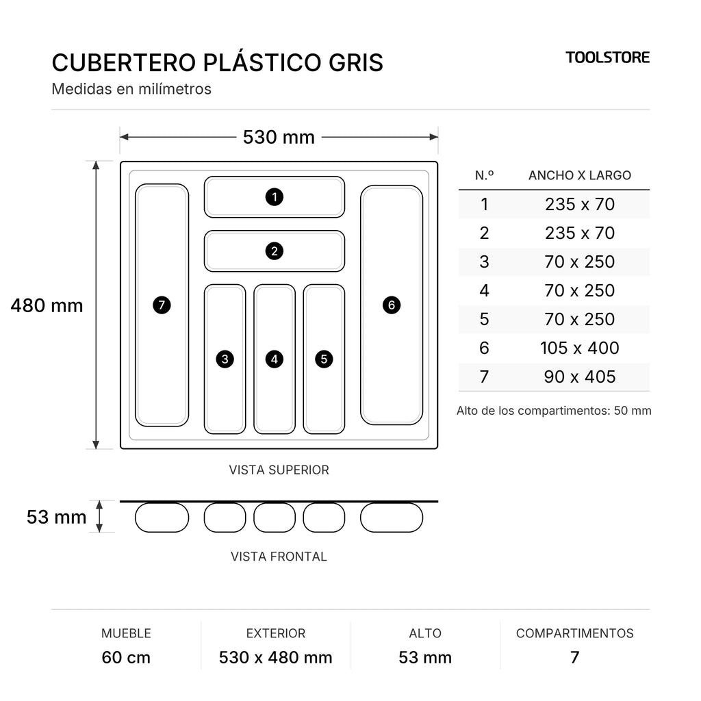 Cubertero Plástico Gris para Cajón 60 cm - medidas