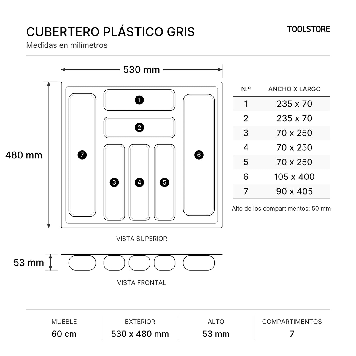 Cubertero Plástico Gris para Cajón 60 cm - medidas