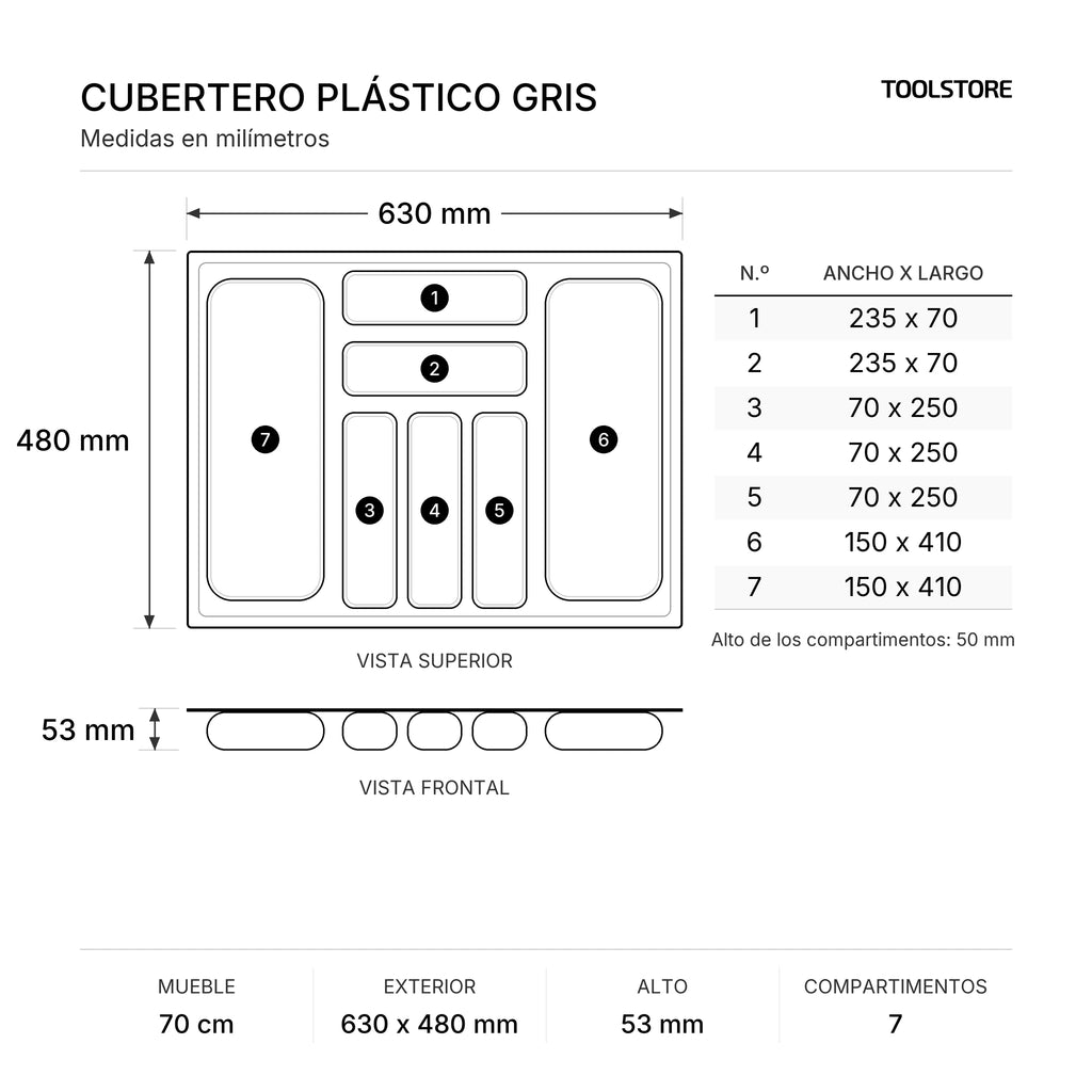 Cubertero Plástico Gris para Cajón 70 cm - medidas