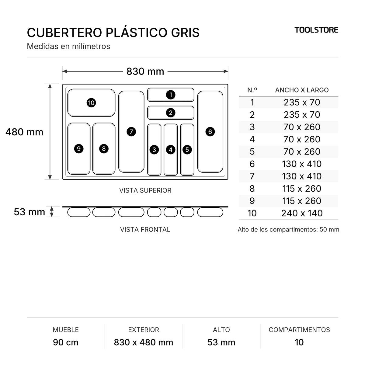 Cubertero Plástico Gris para Cajón 90 cm - medidas