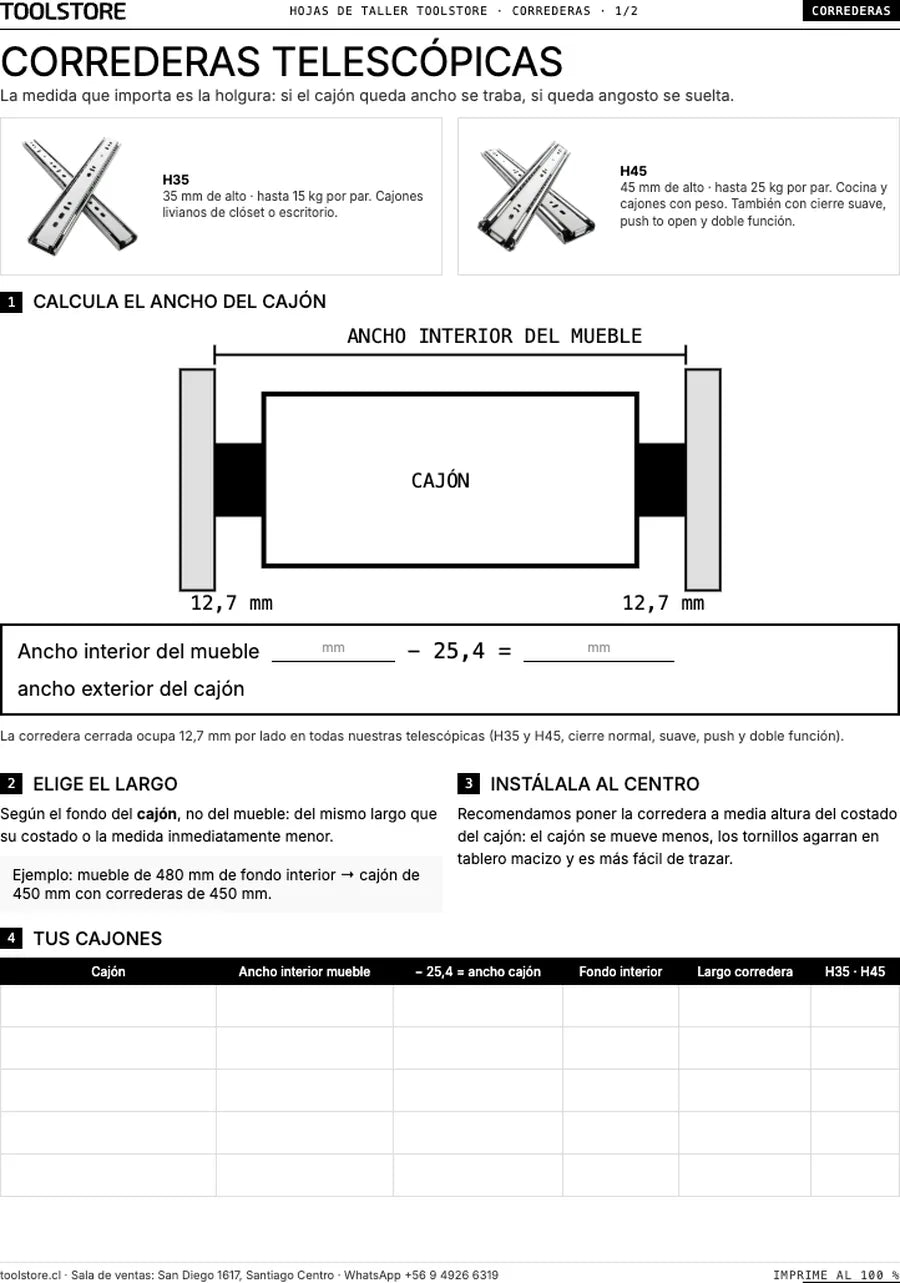 Hoja de taller de correderas de Toolstore, primera página
