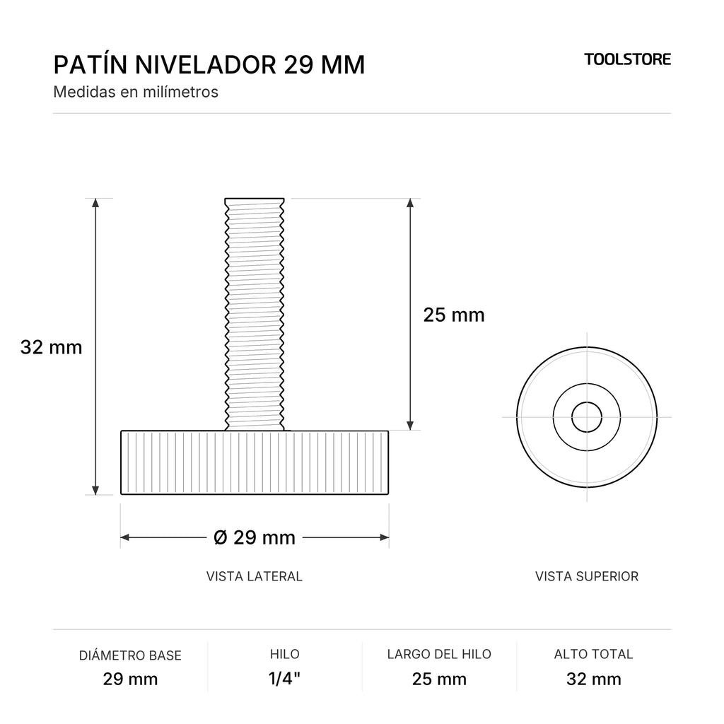 Patín Nivelador 29 mm Hilo 1/4" x 25 mm Negro - medidas
