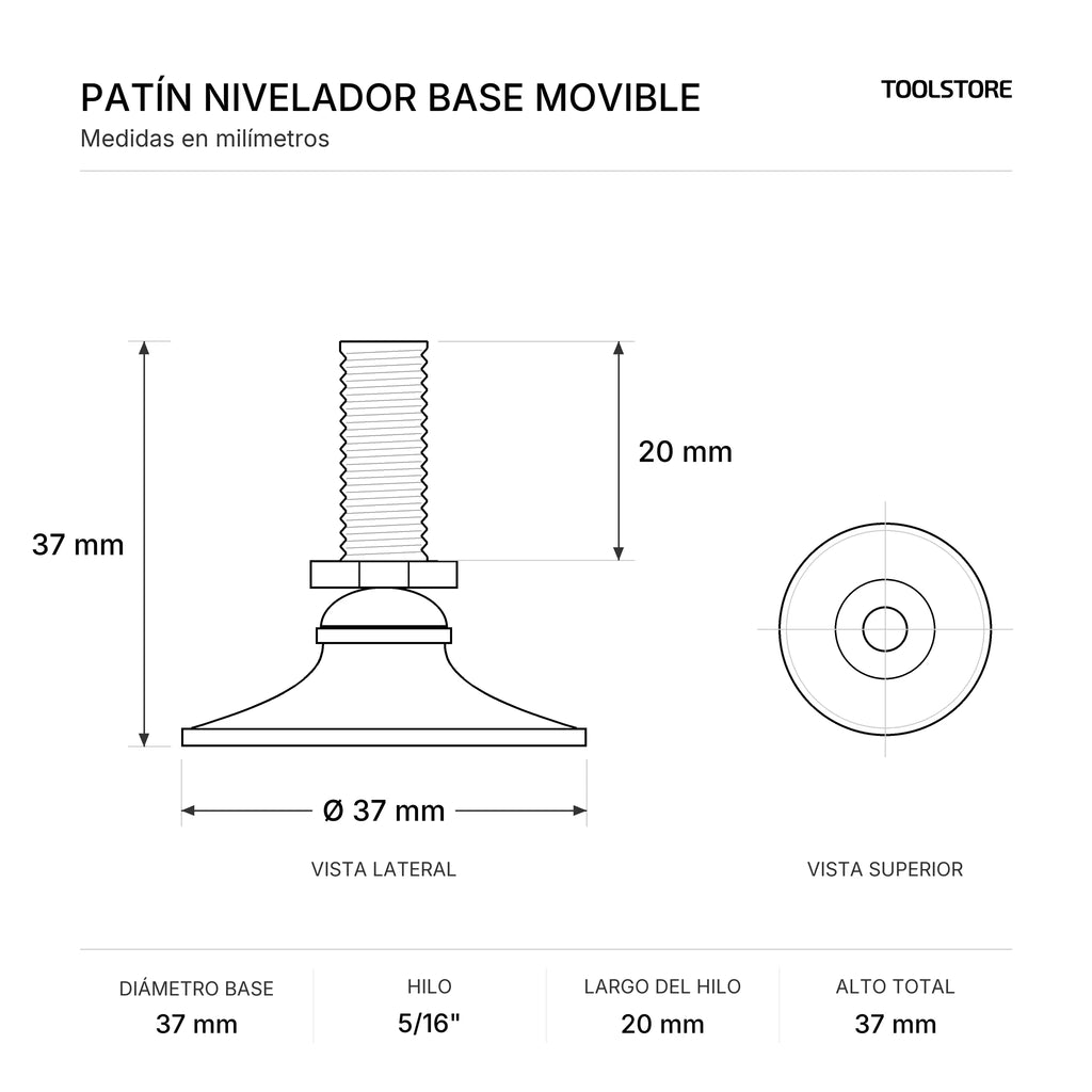 Patín Nivelador Base Movible 37 mm Hilo 5/16" x 20 mm Cromado/Negro - medidas